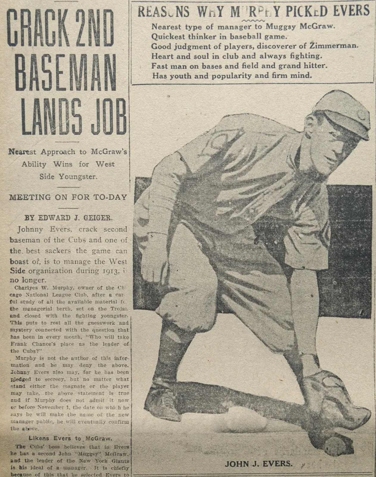 Rare 1912 Chicago Newspaper Front Page - Johnny Evers is The New Cubs Manager - Picture 2 of 3